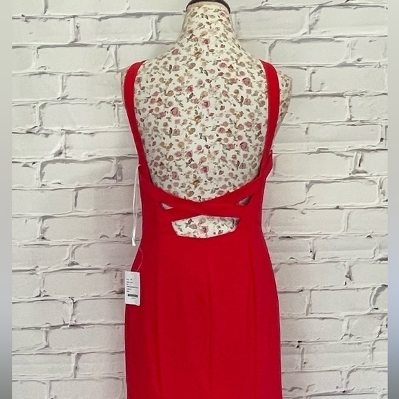 Dessy Collection Stand Collar Halter Maxi Dress With Criss Cross Open-Back Red - Picture 5 of 9